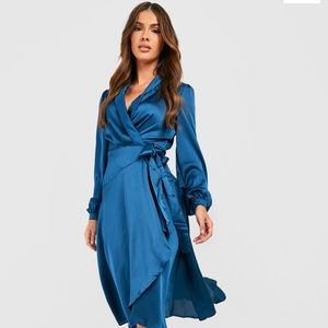 SATIN WRAP DETAIL MIDI SKATER DRESS